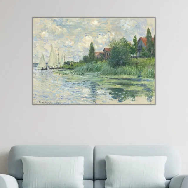 《小日尼維利耶的塞納河畔》莫內Monet.印象派畫家 世界名畫 經典名畫 風景油畫-無框60x80CM