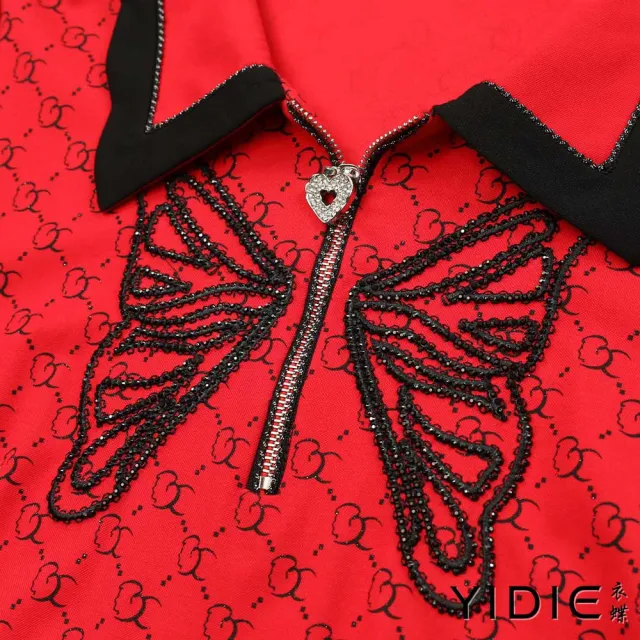 【YIDIE】出清品 撞色花邊翻領印花短洋裝-紅