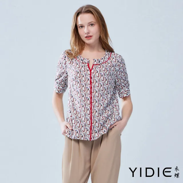 【YIDIE 衣蝶】跳色字母印花雪紡上衣-米