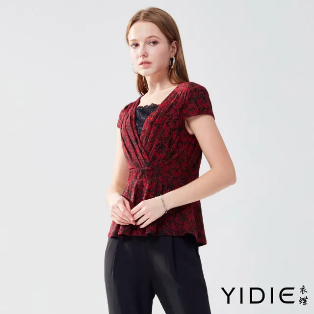 【YIDIE】出清品 拼接蕾絲領壓褶印花娃娃裝上衣-深玫瑰紅