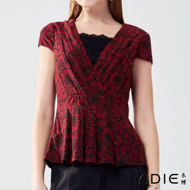 【YIDIE】出清品 拼接蕾絲領壓褶印花娃娃裝上衣-深玫瑰紅