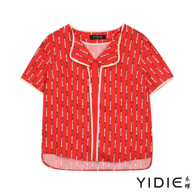 【YIDIE 衣蝶】造型條紋下擺開岔雪紡上衣-紅