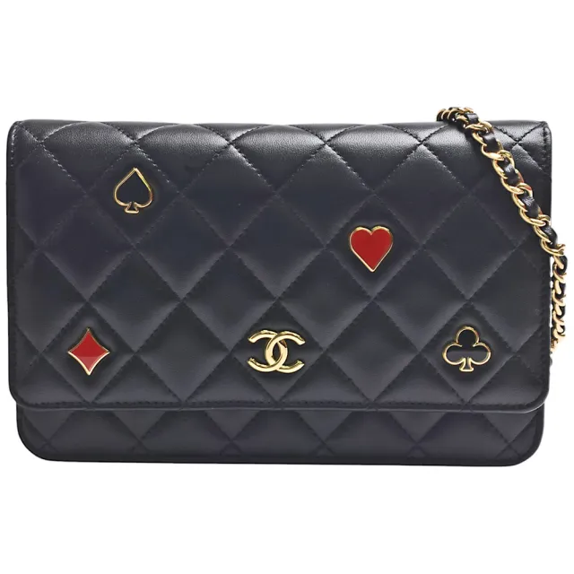 【CHANEL 香奈兒】經典雙C LOGO菱格小羊皮黑桃紅心WOC斜背包(黑色AP3076L-BLK-GP)