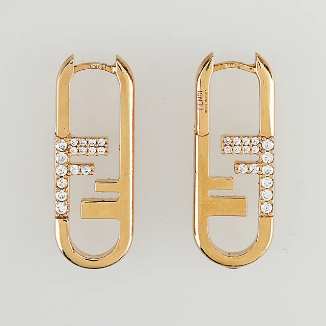 【FENDI 芬迪】FENDI OLock FF雙F LOGO長橢圓水晶鑲飾釦式耳環(金)