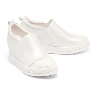 【MELROSE】美樂斯 精緻閃亮金蔥拼接金屬羊皮內增高厚底休閒鞋(白)