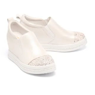 【MELROSE】美樂斯 精緻閃亮金蔥拼接金屬羊皮內增高厚底休閒鞋(粉)