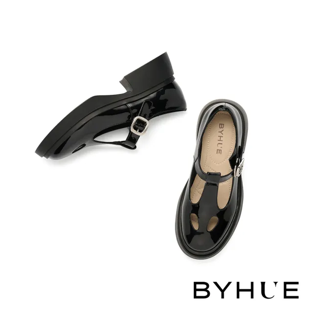 【BYHUE】純欲個性方釦T字寬帶牛軟漆皮瑪莉珍軟芯厚底鞋(黑)