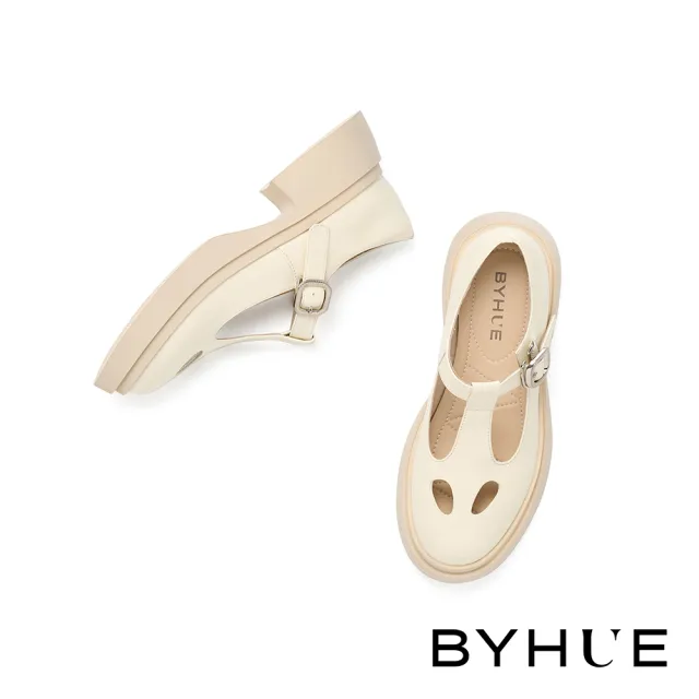 【BYHUE】純欲個性方釦T字寬帶牛軟漆皮瑪莉珍軟芯厚底鞋(米白)
