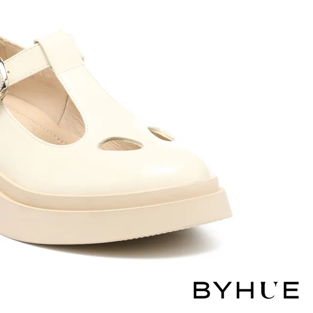 【BYHUE】純欲個性方釦T字寬帶牛軟漆皮瑪莉珍軟芯厚底鞋(米白)