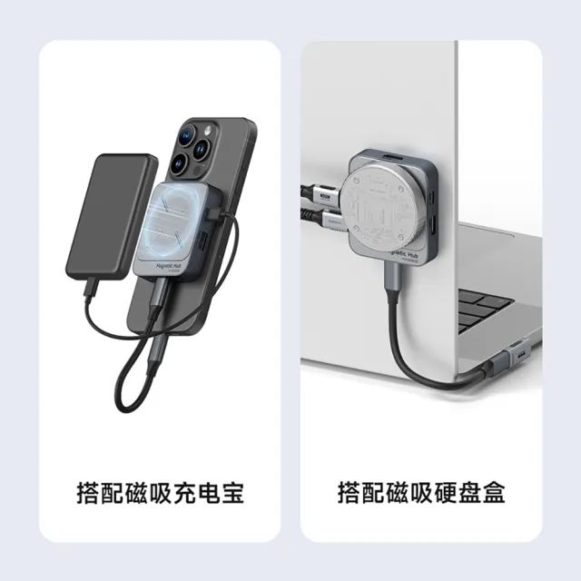 【HAGiBiS】TC100S鋁合金雙面磁吸Type-C擴充器(USB-C數據+USB-A+PD100W+TF/SD4.0槽+AUX音頻+指示燈)