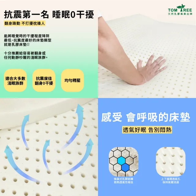 【Tom Tree】96.7%超高純度天然乳膠床墊-3.5尺5cm單人加大 美眠曲深度釋壓(榮獲泰國商務部頒發的信賴標章)
