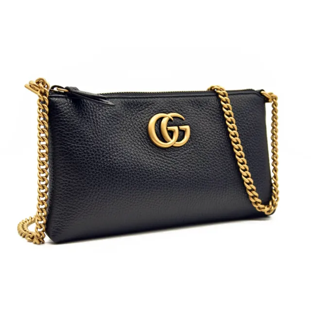 【GUCCI 古馳】779795 經典GG Marmont系列復古LOGO牛皮拉鍊手拿斜背包(黑色)