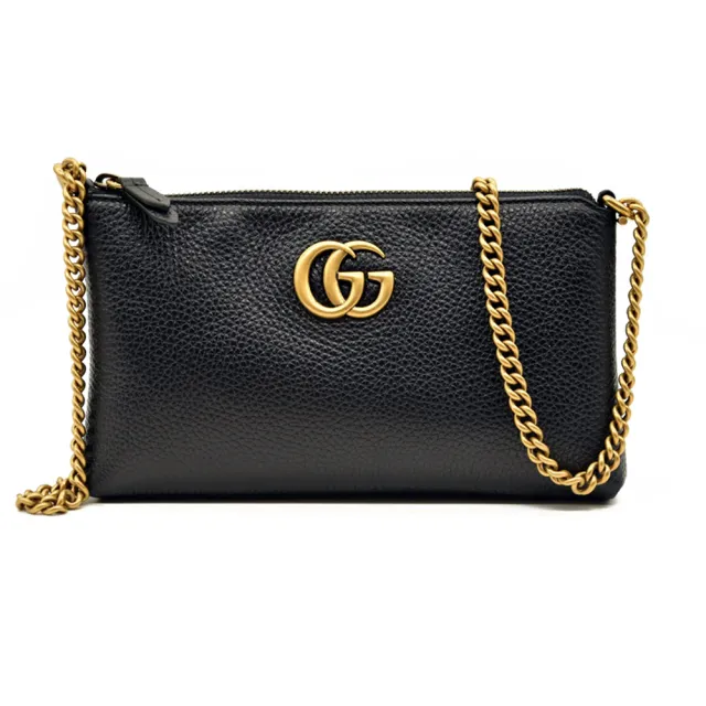 【GUCCI 古馳】779795 經典GG Marmont系列復古LOGO牛皮拉鍊手拿斜背包(黑色)