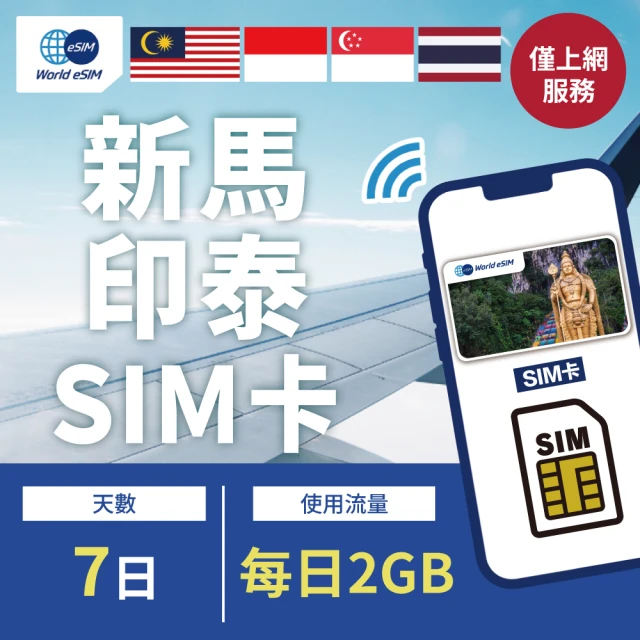 新馬印泰上網 SIM卡 7天方案 每日2GB降速吃到飽 4G高速上網SIM卡(隨插即用、熱點分享、新馬印泰網卡)