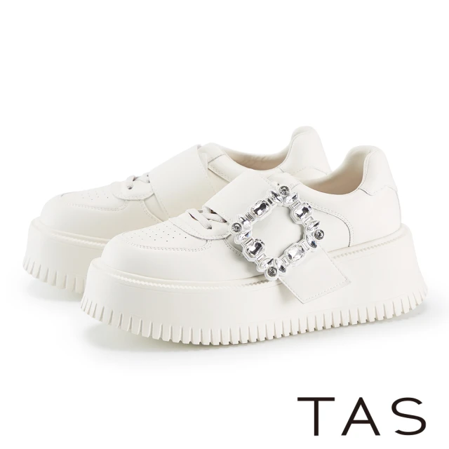 TAS 真皮一字帶水鑽釦飾繫帶厚底休閒(米白)