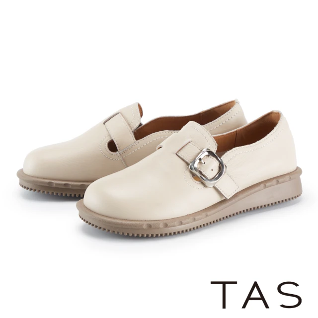 TASTAS 復古潮流真皮平底休閒鞋(米色)