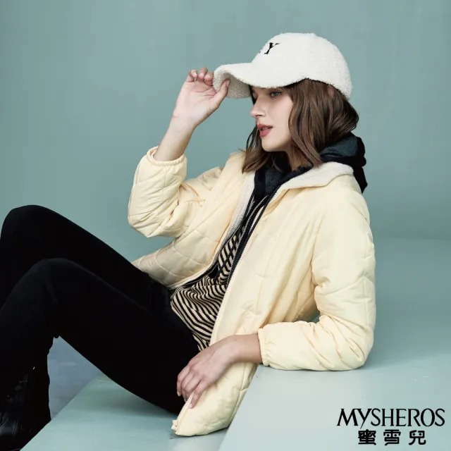 【MYSHEROS 蜜雪兒】充棉造型外套 搖粒絨翻領拼布 鑽飾雙口袋設計(二色任選)