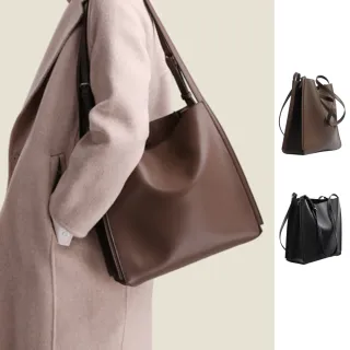 【MAISY】簡約質感真皮單肩斜背托特包 肩背包 側背包(真皮包包 現+預  黑色 / 棕色)