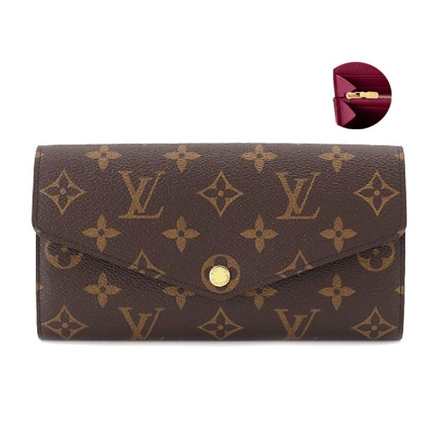 LV LOUIS VUITTON 路易威登 M62234 SARAH 系列經典 Monogram 帆布印花暗釦長夾，紅色系設計展現高雅時尚風格。外層為高質感帆布，內層採用牛皮材質，內外皆具備優雅質感。商品附原廠防塵套、品控卡與包裝盒，確保正品保障。尺寸為長19cm、寬2.5cm、高10cm，適合日常攜帶與收藏。來自西班牙製造，為歐洲真品平行輸入，專為女性設計，釦式開口方便使用，內有14個夾層與1個內袋，提供充足的收納空間。