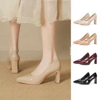 【J&H collection】純色漆皮尖頭粗跟女鞋 高跟鞋(米色 / 卡其色 / 紅色 / 黑色)