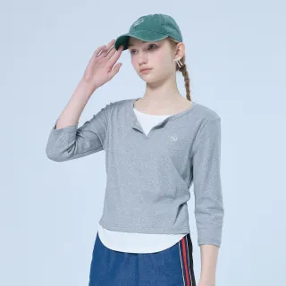 【OUWEY 歐薇】假兩件側抽皺七分袖棉質上衣(灰；S-L；3251151607)