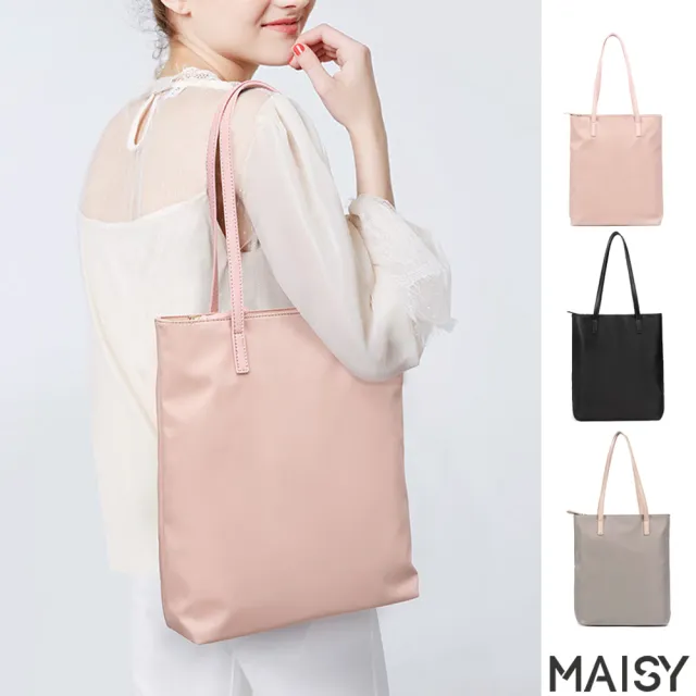 【MAISY】日系文藝帆布單肩手提托特包(黑色 / 粉色 / 杏色)