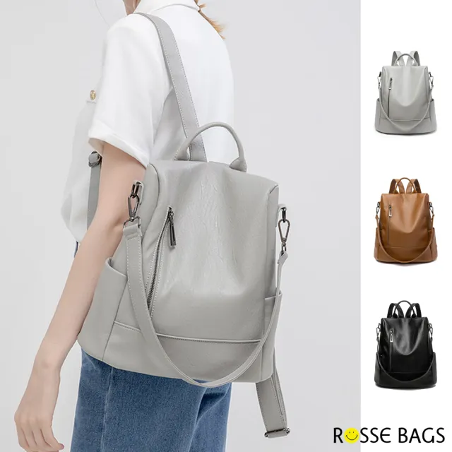 【Rosse Bags】韓版多功能軟皮防盜雙肩後背包(灰色 / 棕色 / 黑色)