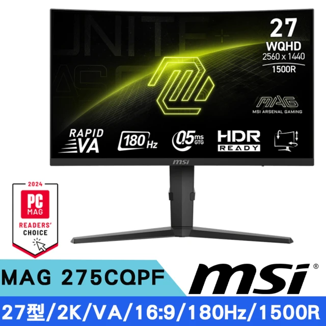 MSI 微星MSI 微星 MAG 275CQPF 27型 VA 2K電競曲面螢幕(0.5ms/180Hz/HDR/DP/HDMI/1500R)
