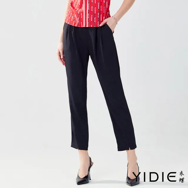 【YIDIE 衣蝶】素色造型鬆緊腰九分褲-黑