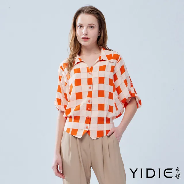 【YIDIE 衣蝶】跳色格紋袖畔飛鼠袖上衣-桔紅