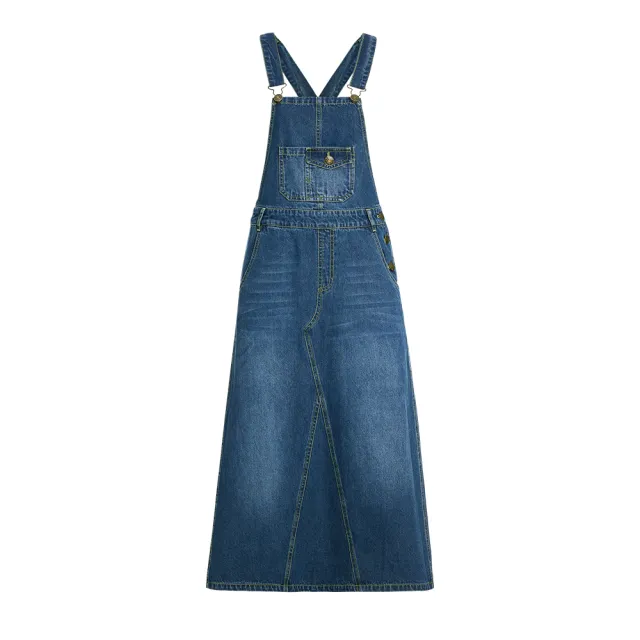 【OUWEY 歐薇】復古純棉牛仔長吊帶洋裝(藍色；S-L；3233398722)