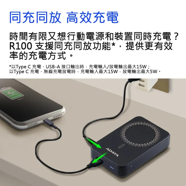 【ADATA 威剛】R100 20W 無線磁吸快充 PD/QC快充行動電源-10000mAh(38.5Wh/具Wh標示)