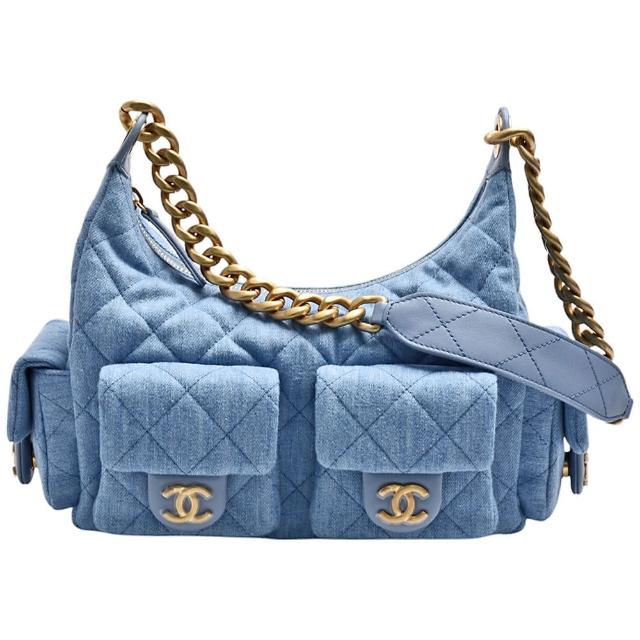 【CHANEL 香奈兒】經典HOBO仿舊金屬菱格紋單寧牛仔布手提/肩背流浪包(淺牛仔藍色AS5339-DENIM-GPN)