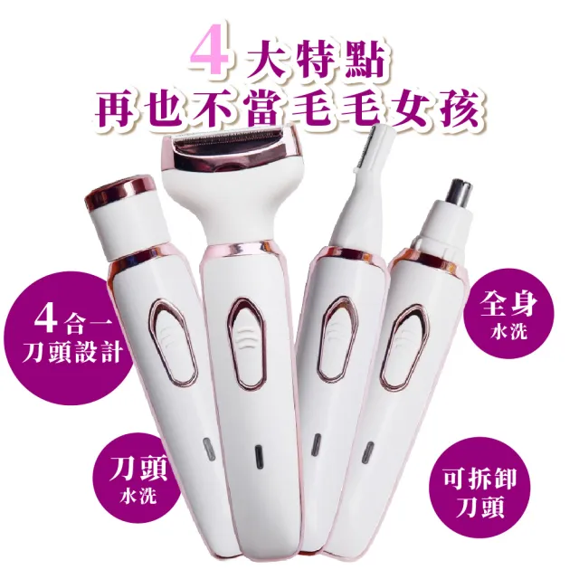 【無痛除毛】4in1清新輕盈電動除毛刀-附4種刀頭(私密處除毛 USB 修眉刀 剃毛器 美體機 脫毛儀 腋下腋毛)