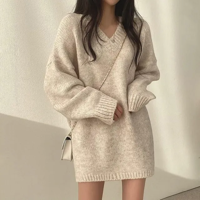 【D.studio】韓版寬鬆顯瘦V領大毛衣(針織上衣毛衣長袖上衣衣服保暖上衣冬天女裝秋冬女裝發熱衣 W514)