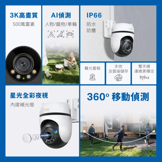 (256G記憶卡組)【TP-Link】Tapo C530WS 3K 500萬畫素AI旋轉戶外無線網路攝影機 IP CAM(全彩夜視/IP66防水/