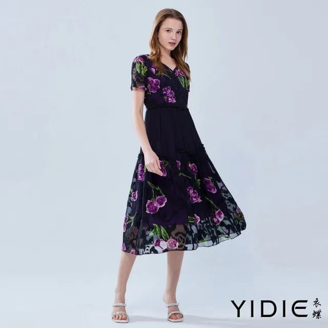 【YIDIE 衣蝶】立體花卉荷葉邊傘擺長洋裝-黑