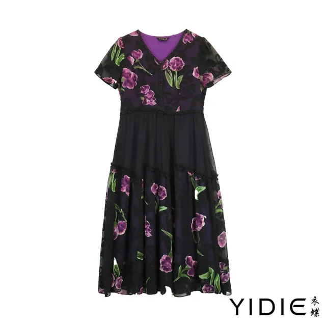 【YIDIE 衣蝶】立體花卉荷葉邊傘擺長洋裝-黑