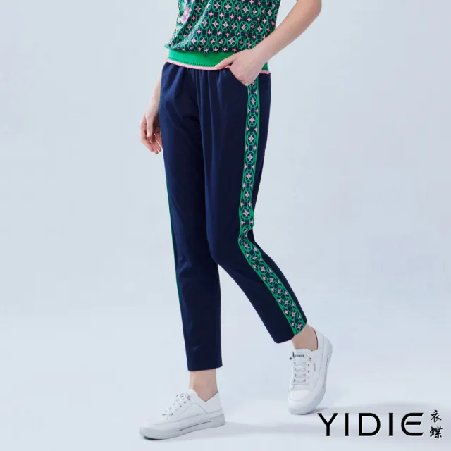 【YIDIE 衣蝶】跳色幾何印花圖案九分褲套裝-綠/寶藍(上下身分開販售)