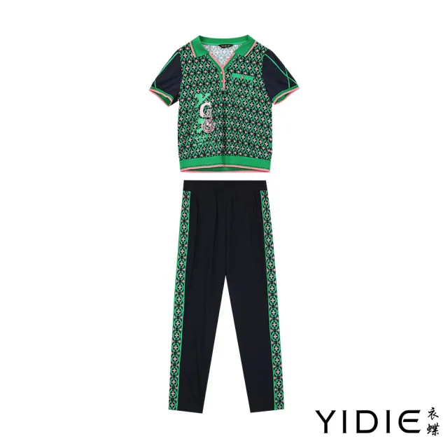 【YIDIE 衣蝶】跳色幾何印花圖案九分褲套裝-綠/寶藍(上下身分開販售)