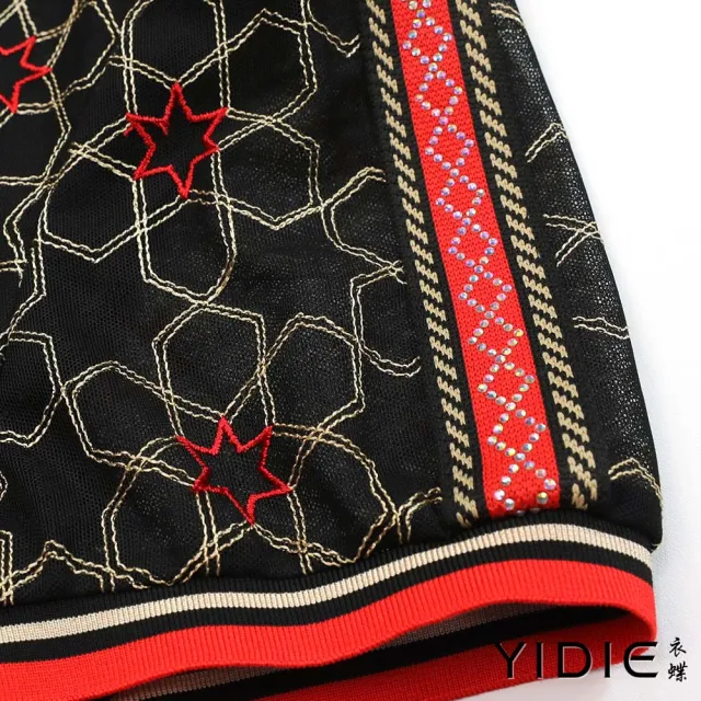【YIDIE 衣蝶】六角星刺繡水鑽織帶長褲套裝-黑(上下身分開販售)