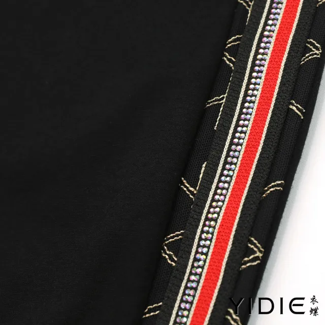 【YIDIE 衣蝶】六角星刺繡水鑽織帶長褲套裝-黑(上下身分開販售)