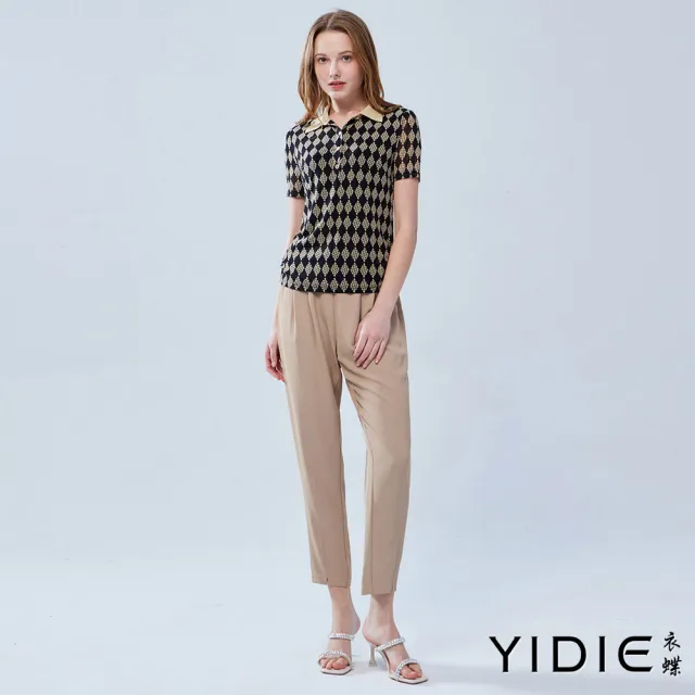 【YIDIE 衣蝶】素色造型鬆緊腰九分褲-卡其