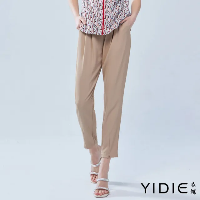 【YIDIE 衣蝶】素色造型鬆緊腰九分褲-卡其