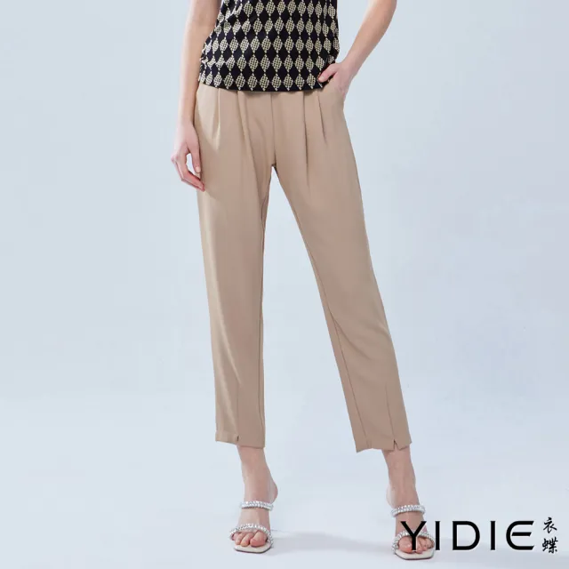 【YIDIE 衣蝶】素色造型鬆緊腰九分褲-卡其