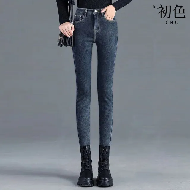 【初色】純色高腰牛仔褲加絨加厚保暖緊身彈力小腳鉛筆褲休閒褲長褲-共4色-39320(M-4XL可選)