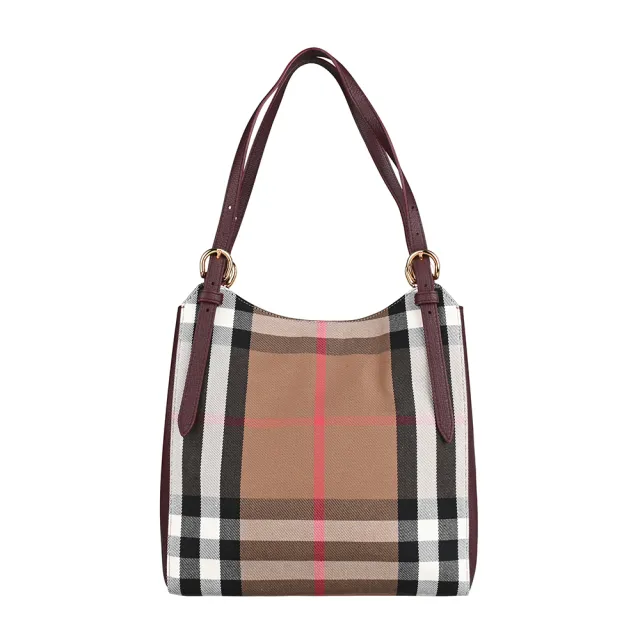 【BURBERRY 巴寶莉】BURBERRY CANTERBY英式格紋棉帆布搭牛皮吸釦式肩背包(典藏米x深酒紅)