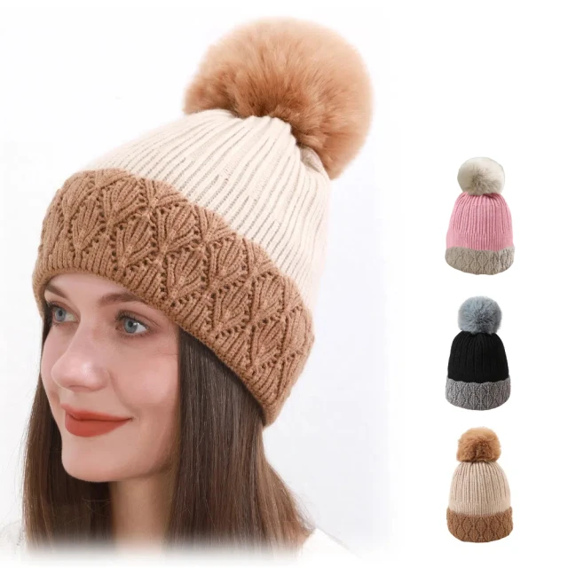 AnnaSofia 加厚保暖圍脖毛帽二件組-毛球彩點織 針織