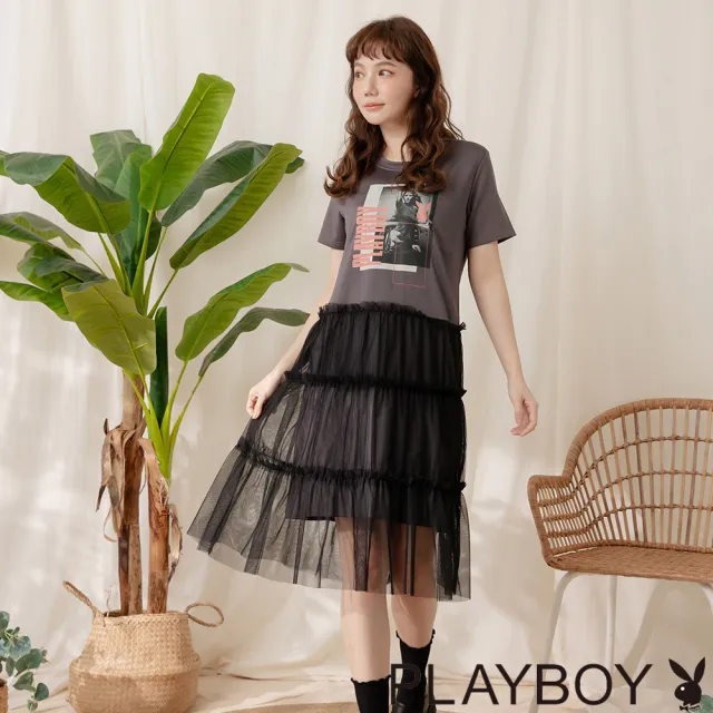 【PLAYBOY】煙灰色拼接網紗長洋裝(煙灰色)