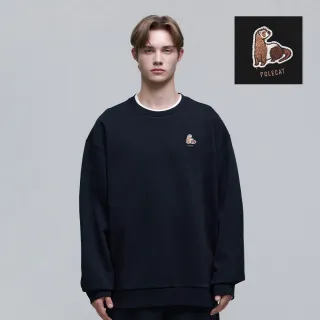 【國家地理服飾官方旗艦】男女同款 動物圖章微寬鬆長袖衛衣 - 炭黑色(經典百搭單品/雪貂圖案)